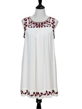 Lucky Brand White Embroidered Dress Boho Tunic Shift maroon embroidered floral